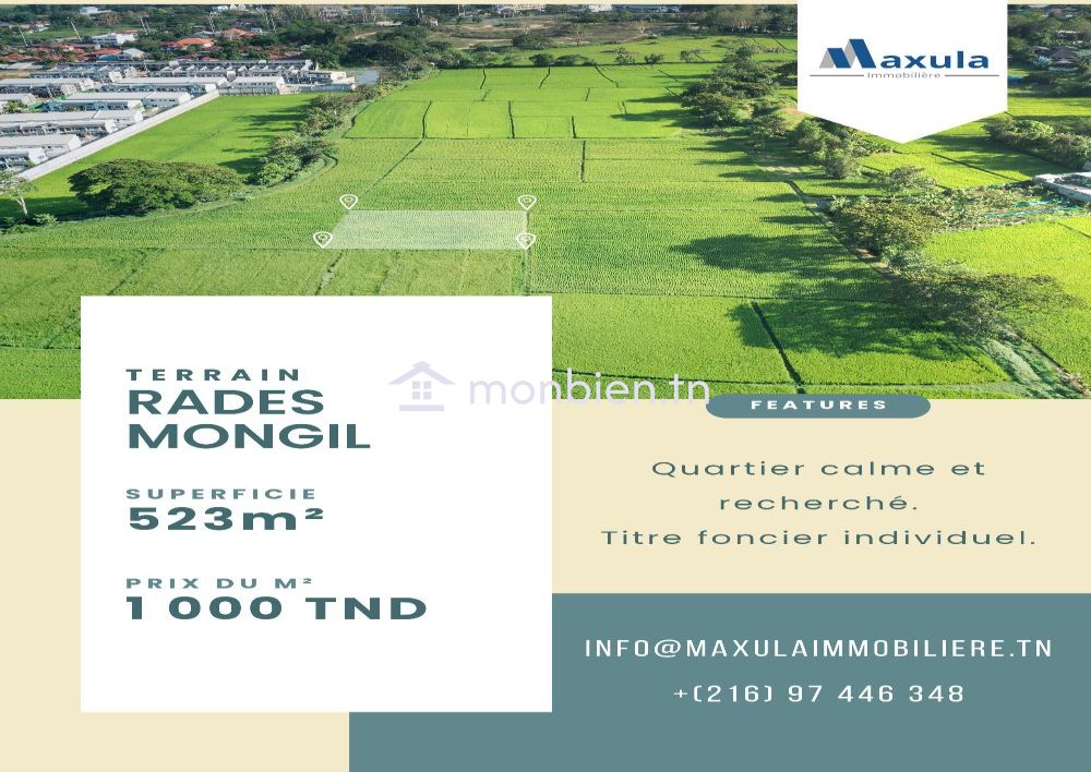 À VENDRE TERRAIN DE 523M² À RADES MONGIL