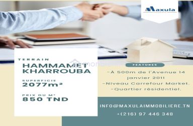 À VENDRE TERRAIN DE 2077M² À HAMMAMET KHARROUBA