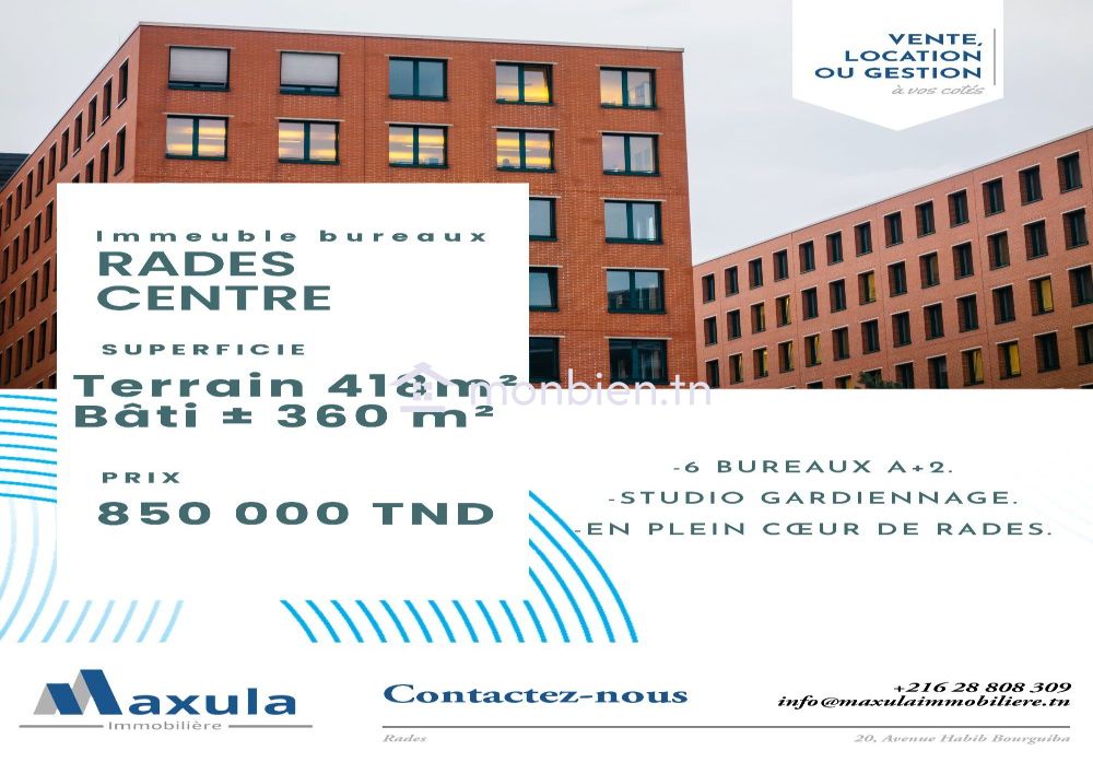 À VENDRE IMMEUBLE BUREAUTIQUE R+2 EN PLEIN COEUR DE RADES