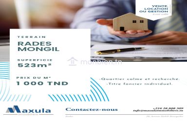 À VENDRE TERRAIN DE 523M² À RADES MONGIL