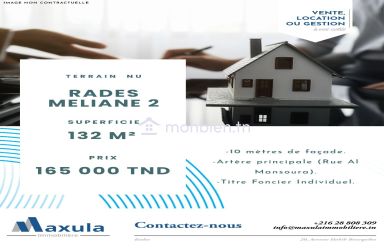 À VENDRE TERRAIN NU DE 132M² À RADES MELIANE 2