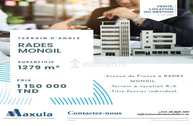 À VENDRE TERRAIN D’ANGLE AV DE FRANCE À RADES MONGIL